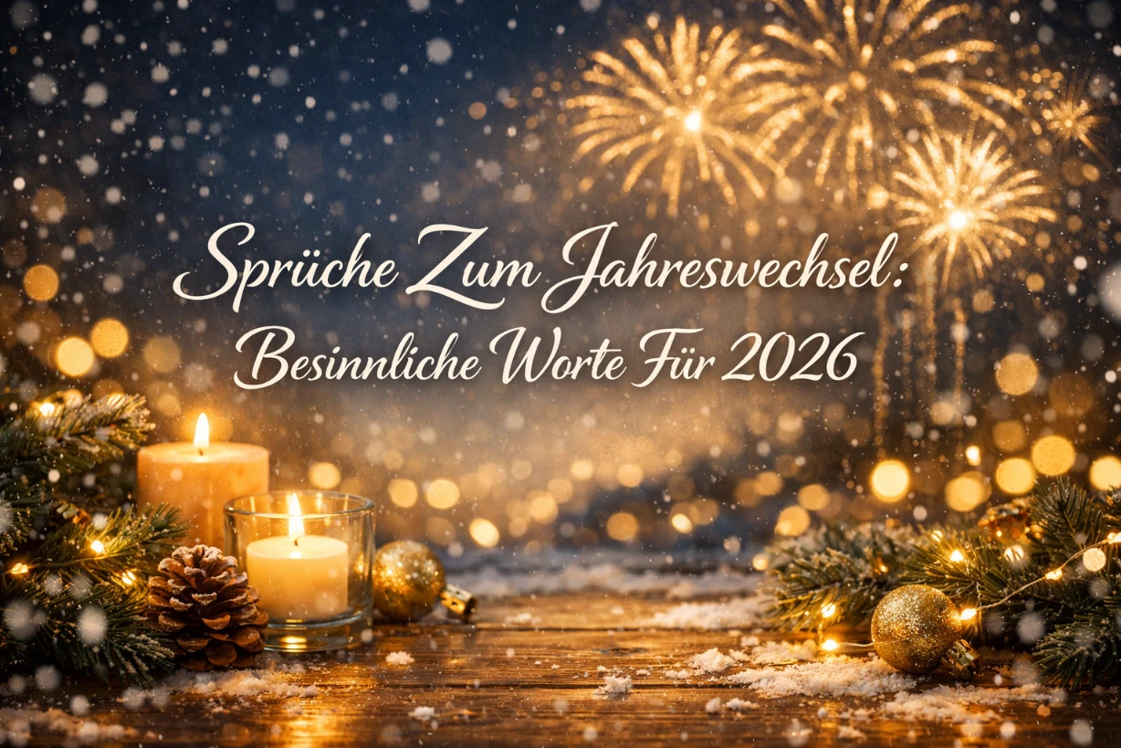 Goldene Feuerwerke, Kerzenlicht und Tannenzweige in ruhiger Winternacht mit Neujahrsgruß 2026.