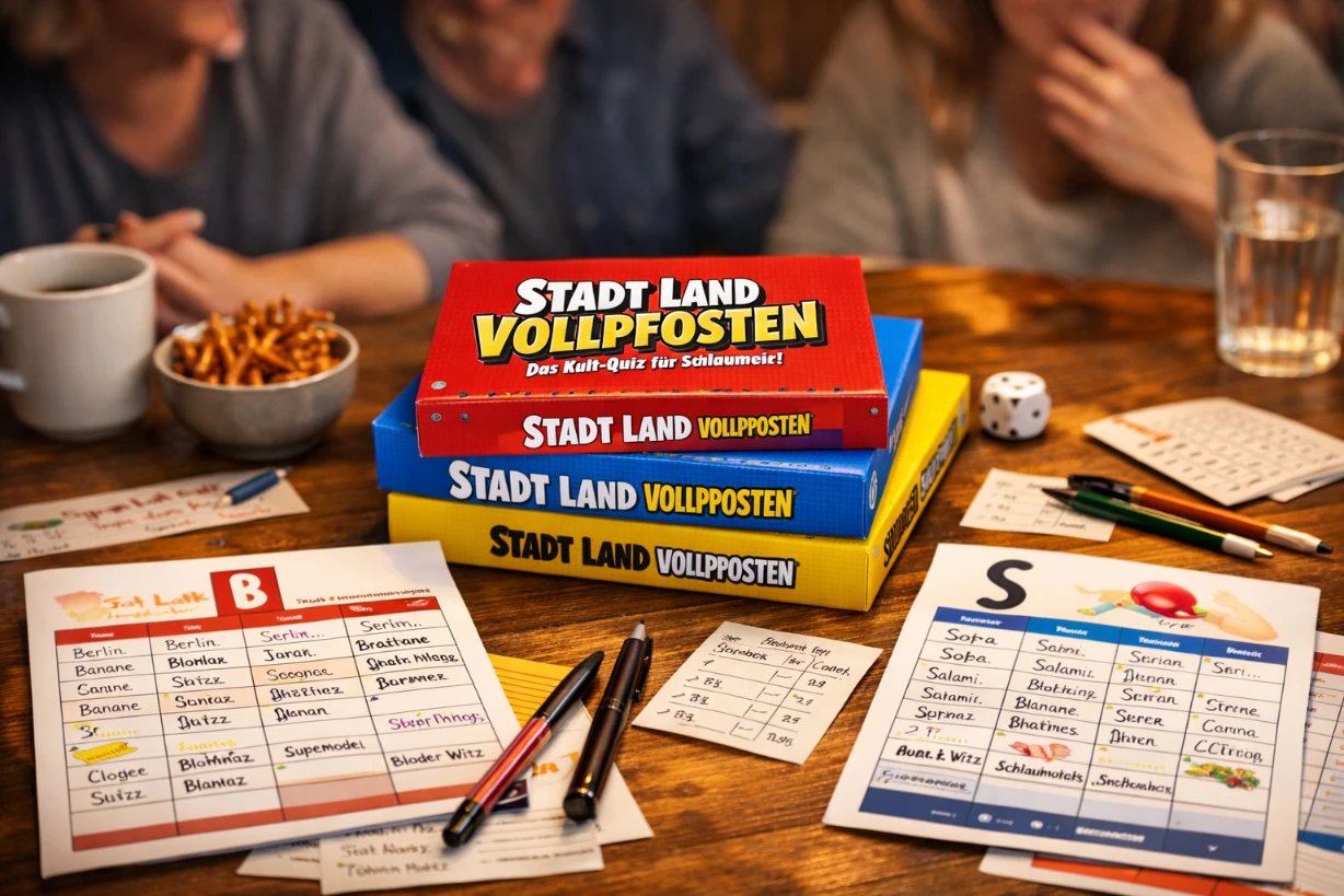 Freunde spielen Stadt Land Vollpfosten an einem Holztisch mit Blöcken und Stiften gemütlich.