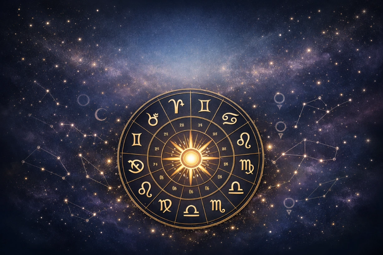 Goldenes Sternzeichen-Rad vor tiefblauem Sternenhimmel mit leuchtenden Konstellationen.