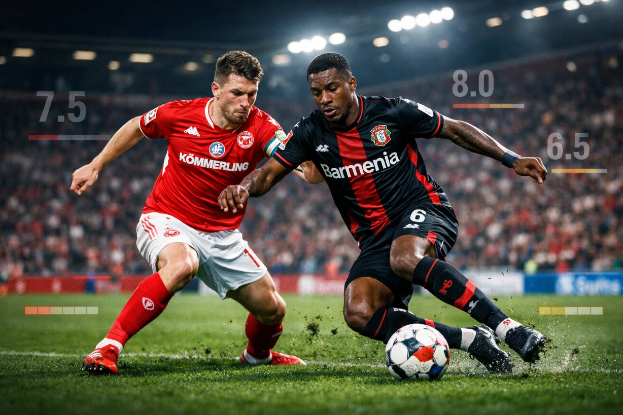 Zweikampf zwischen Mainz 05 und Leverkusen im Flutlicht mit eingeblendeten Spielerbewertungen.