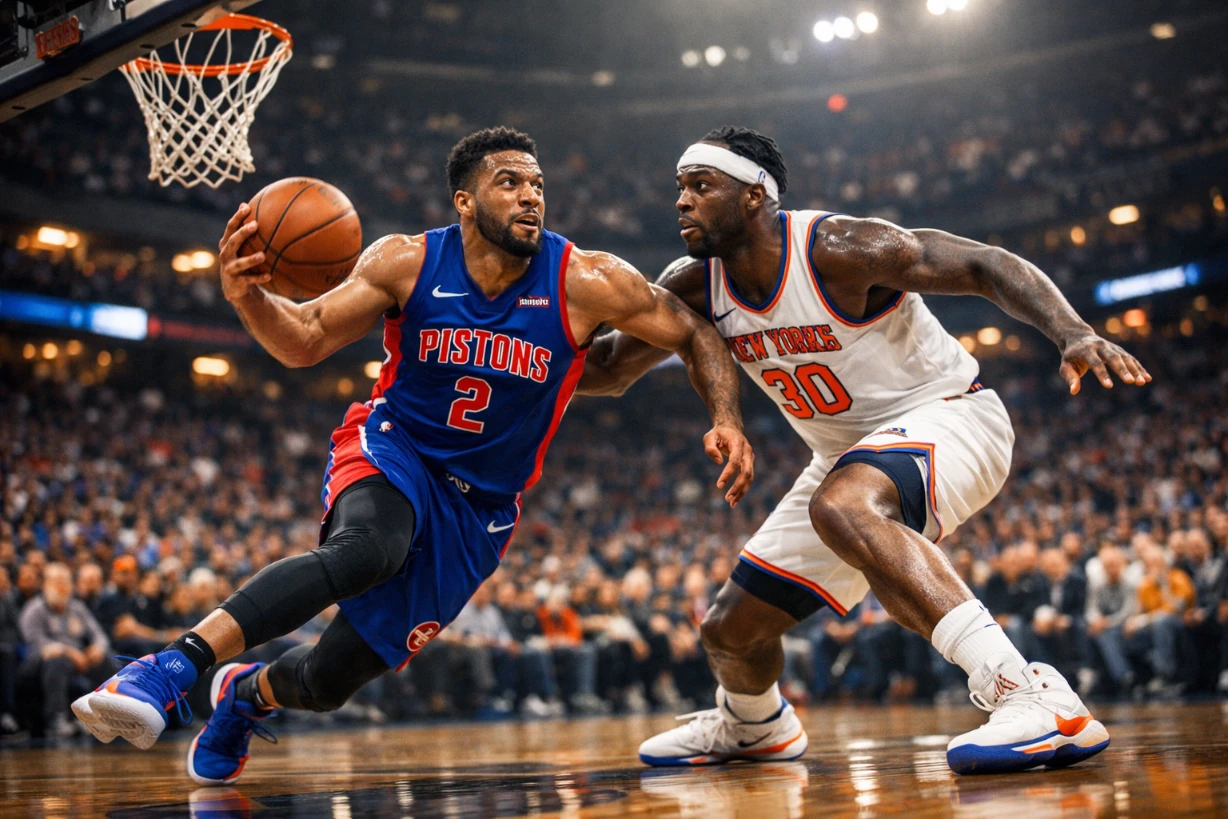 Detroit Pistons im Angriff gegen Knicks, intensives NBA-Duell mit spektakulärem Korbleger.