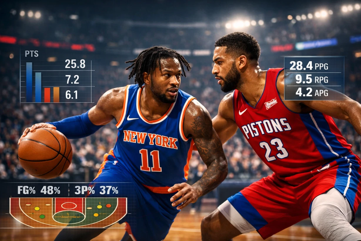 Knicks und Pistons liefern sich intensives Duell mit eingeblendeten Spielerstatistiken im Spiel.