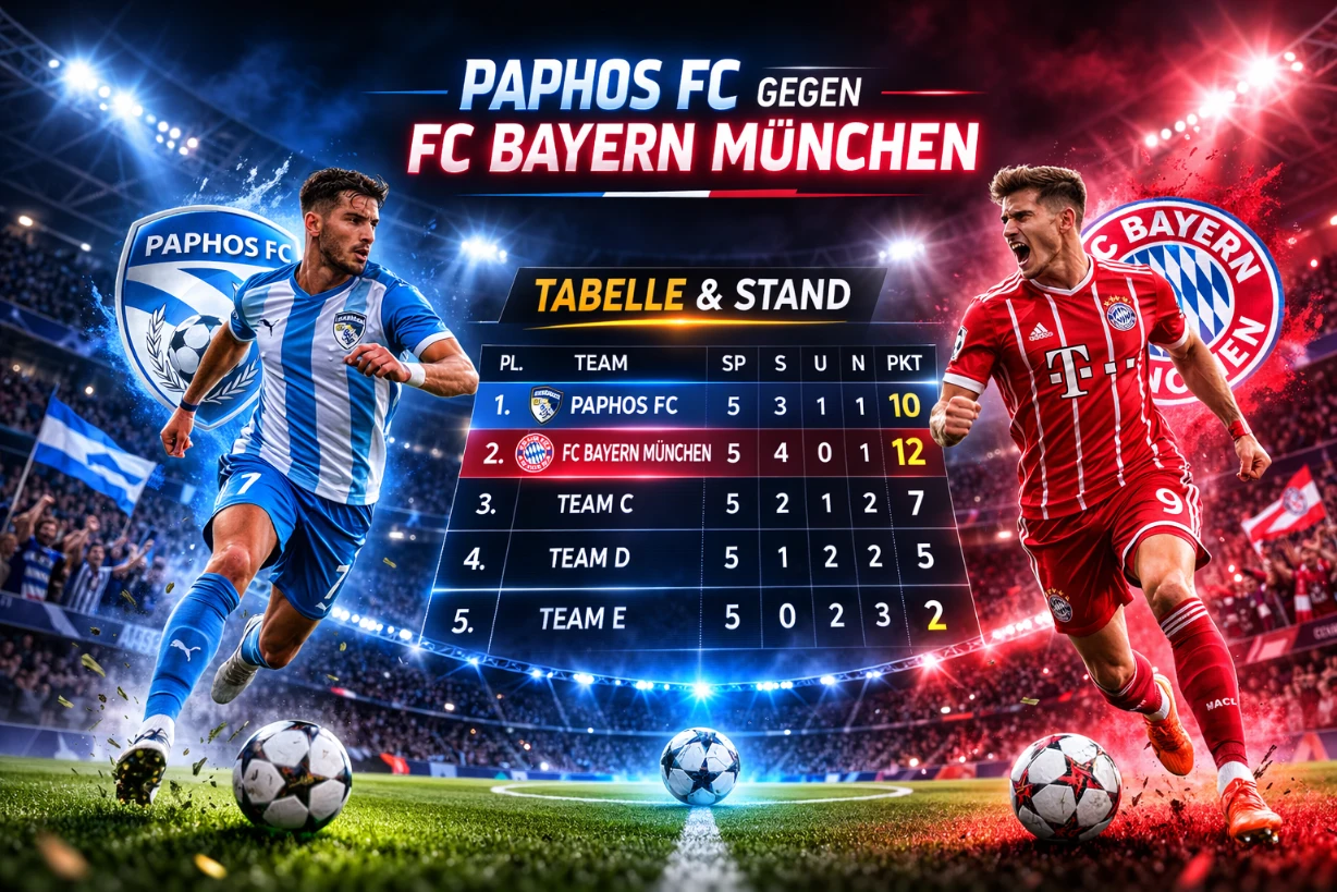 Paphos FC gegen FC Bayern im Flutlichtstadion mit Tabelle und zwei Spielern im Fokus.