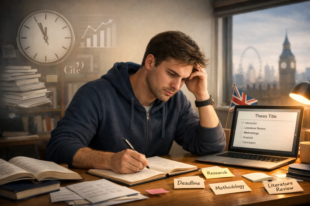 Student writing thesis at desk, UK flag and London visible in the background.