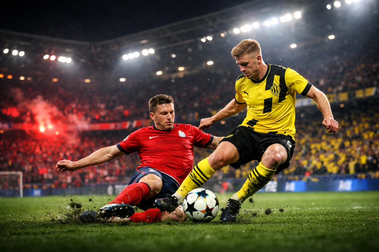 Zweikampf zwischen Lille und Dortmund im Flutlichtstadion vor leidenschaftlichen Fans bei Nacht.