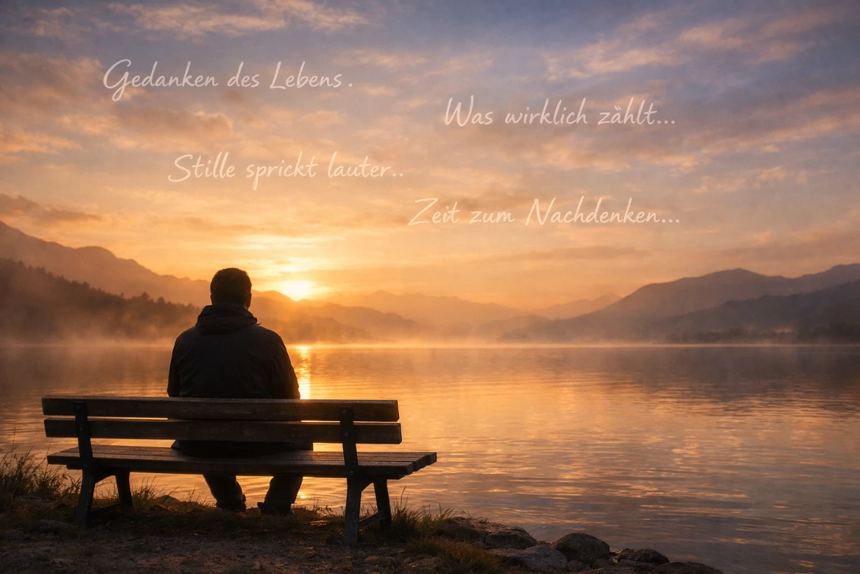 Person sitzt allein auf Bank am See bei Sonnenuntergang und denkt nach.