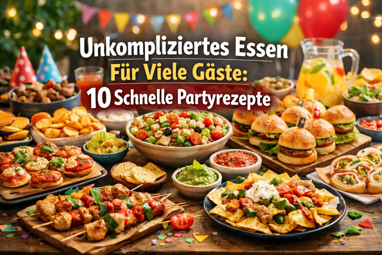 Bunt gedeckter Partytisch mit schnellen Snacks, Burgern, Salaten und Nachos für viele Gäste und Dips.