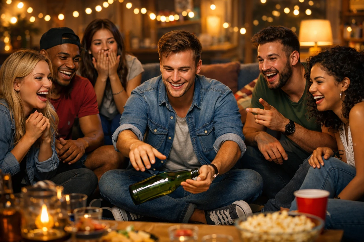 Freundeskreis spielt Wahrheit oder Pflicht in gemütlichem Wohnzimmer, lacht gespannt bei Flaschendrehen.