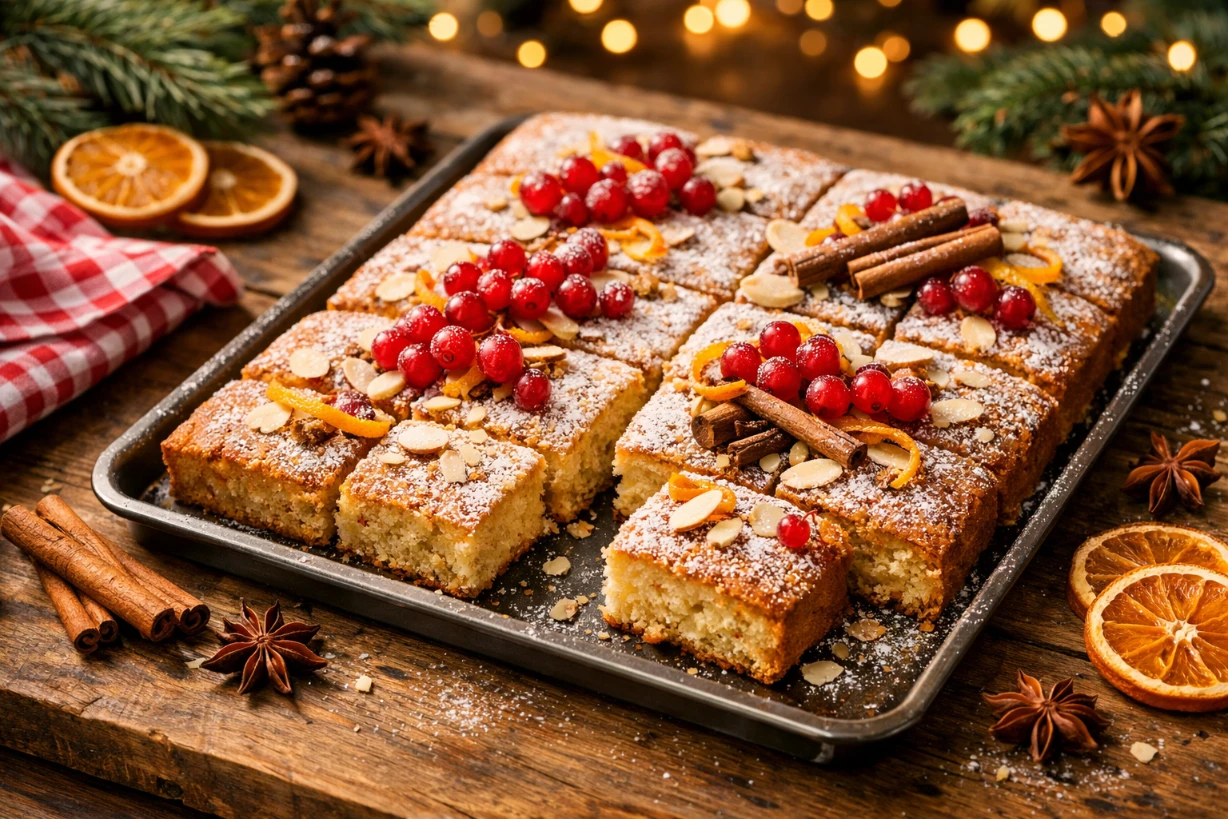 Frisch gebackener Weihnachtskuchen vom Blech mit Puderzucker und roten Johannisbeeren.