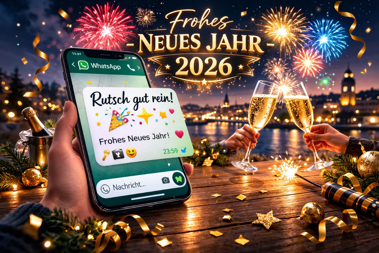 Smartphone mit Neujahrsgruß, Feuerwerk und Sektgläsern an Silvesterabend 2026.