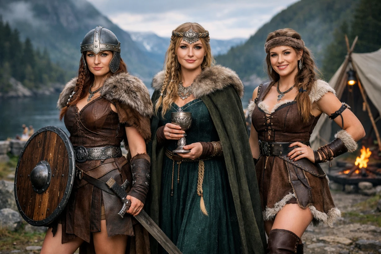 Drei Frauen in Wikingerkostümen vor nordischer Fjordkulisse mit Rüstung, Kleid und Schild.