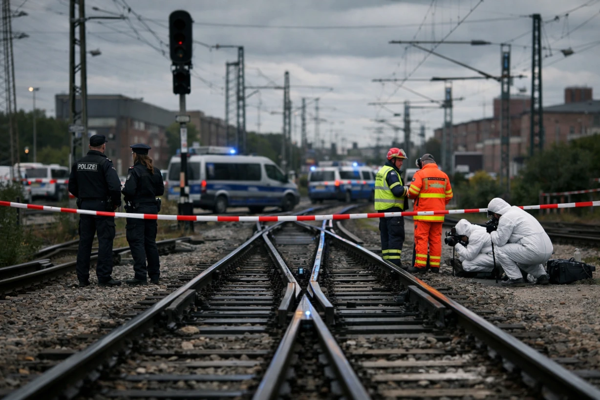 Polizei und Rettungskräfte sichern Bahngleise in Wilhelmsburg bei trübem Wetter ab.
