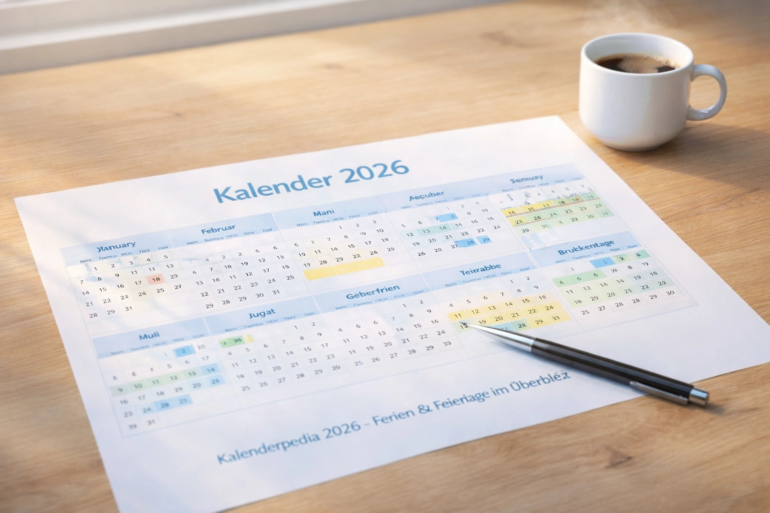 Kalenderpedia 2026 Kalender auf Holzschreibtisch mit markierten Ferien, Feiertagen und Brückentagen sowie Stift und Kaffeetasse