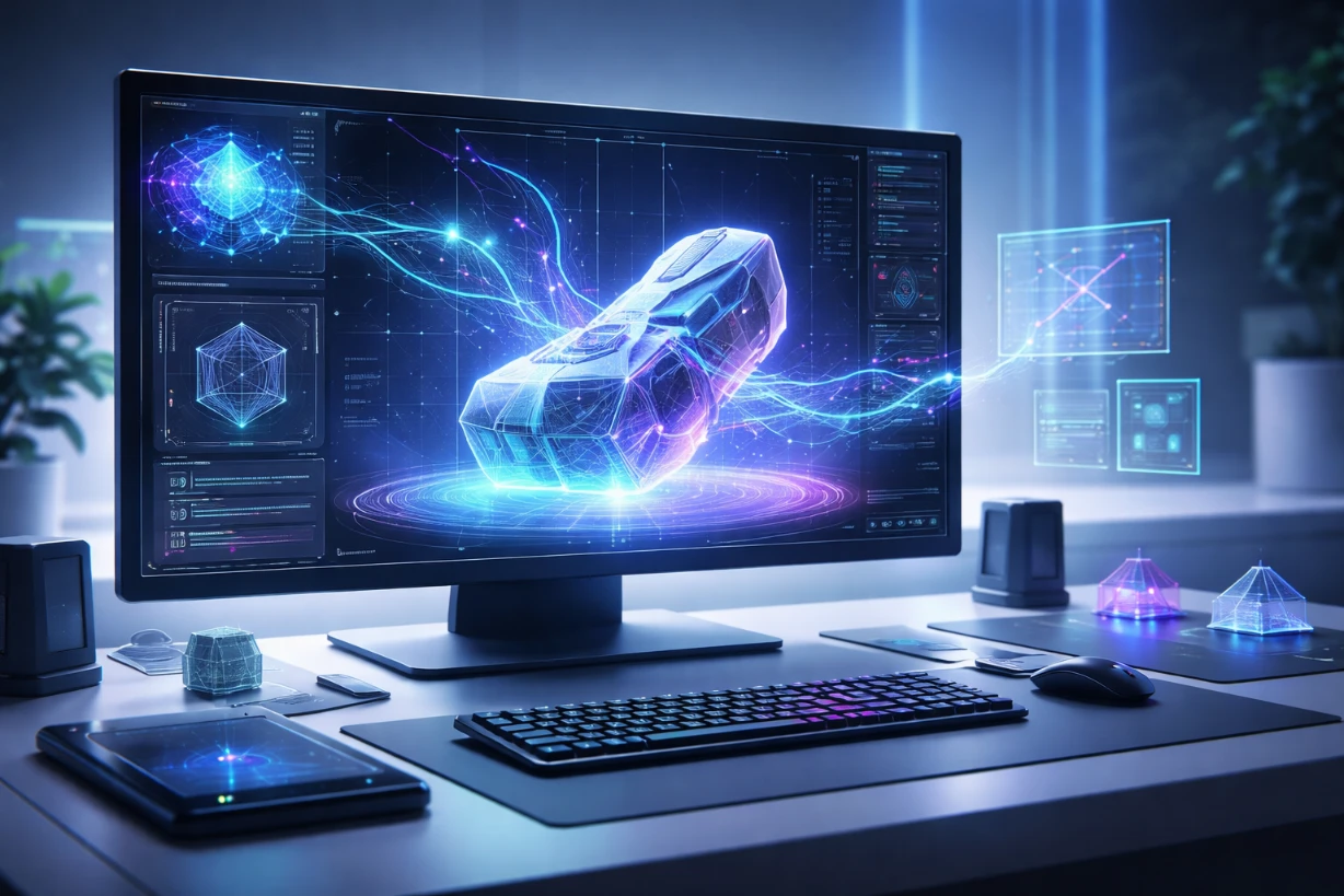 Futuristische 3D Szene mit KI die ein holografisches Modell in Echtzeit erstellt mit leuchtenden UI.