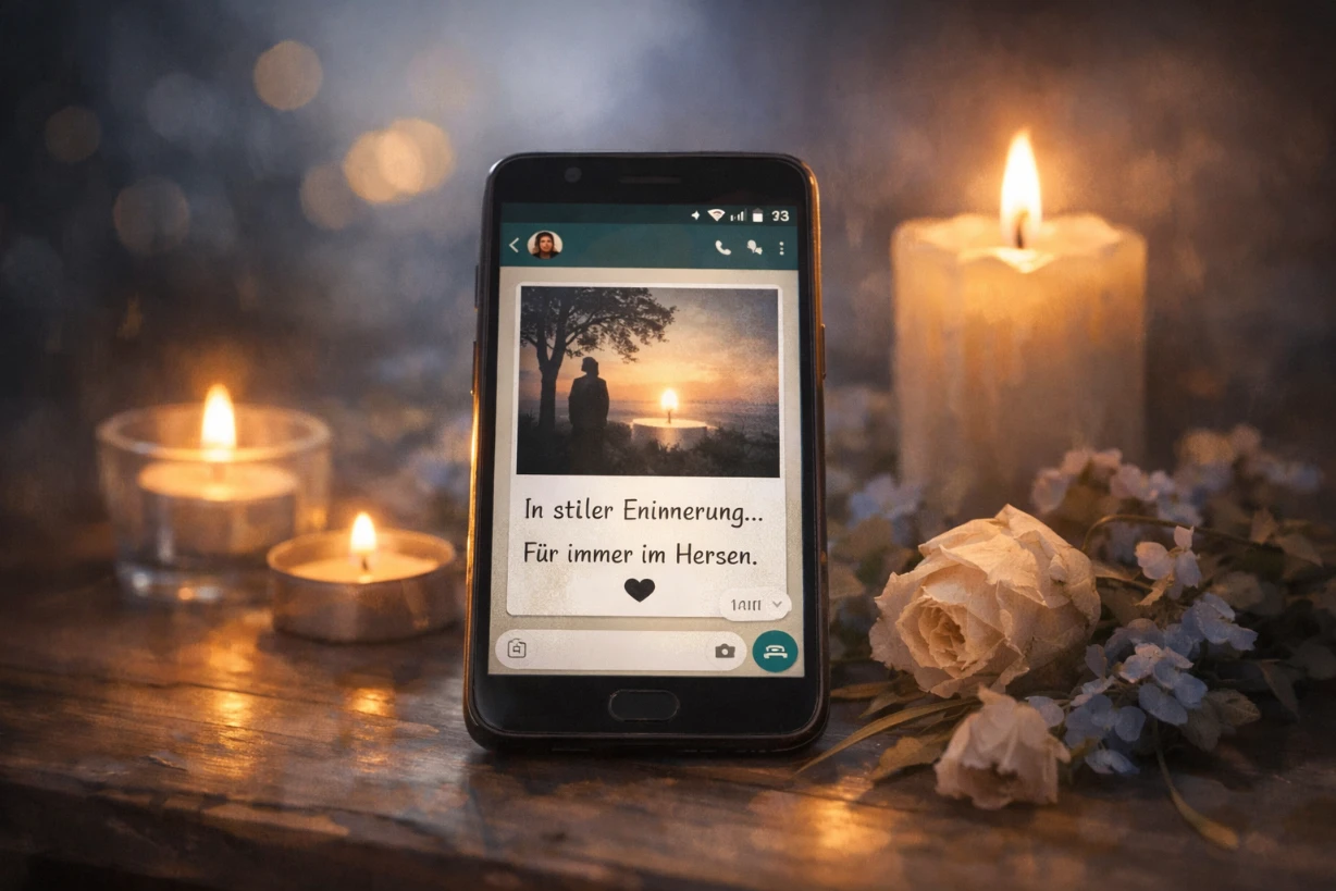 Smartphone mit WhatsApp-Trauernachricht, umgeben von Kerzen und Blumen in ruhiger Atmosphäre.