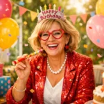 Fröhliche Frau mit Geburtstagskrone, Herzbrille und Luftballons, umgeben von Geschenken und Kuchen.
