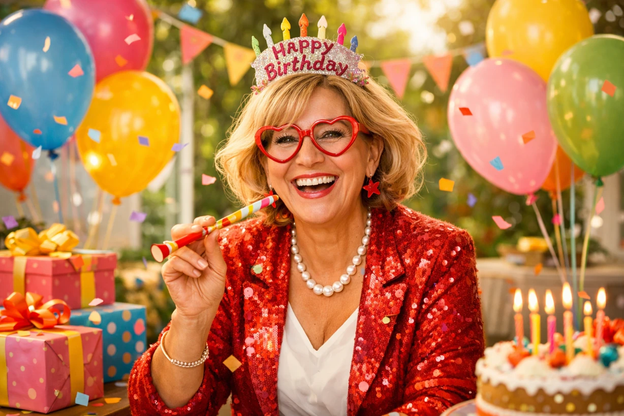 Fröhliche Frau mit Geburtstagskrone, Herzbrille und Luftballons, umgeben von Geschenken und Kuchen.