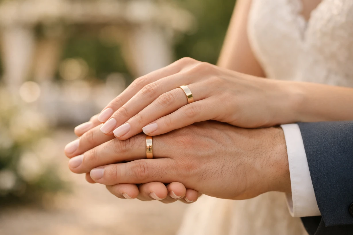 Hände eines Paares mit goldenen Eheringen, sanftes Licht, romantischer Hintergrund im Freien.