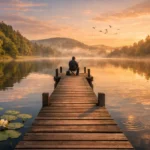 Idyllischer See mit hölzernem Steg, Person angelt, umgeben von Wäldern bei warmem Licht.