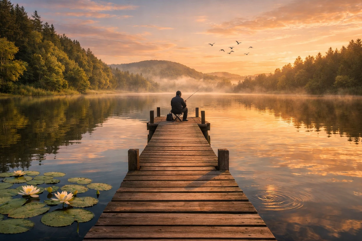 Idyllischer See mit hölzernem Steg, Person angelt, umgeben von Wäldern bei warmem Licht.