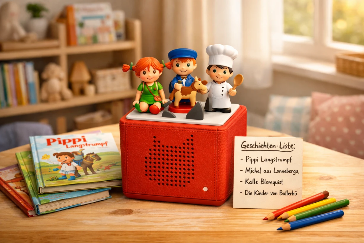 Toniebox mit bunten Figuren und Kinderbüchern auf Tisch im gemütlichen Kinderzimmer, inspiriert von Astrid-Lindgren-Geschichten.