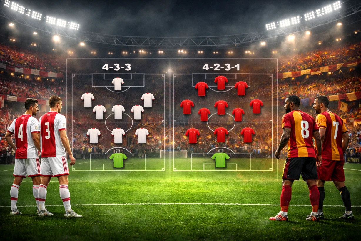 Dynamische Fußballszene mit Ajax und Galatasaray, Taktikgrafik und Flutlicht im Stadionabend.