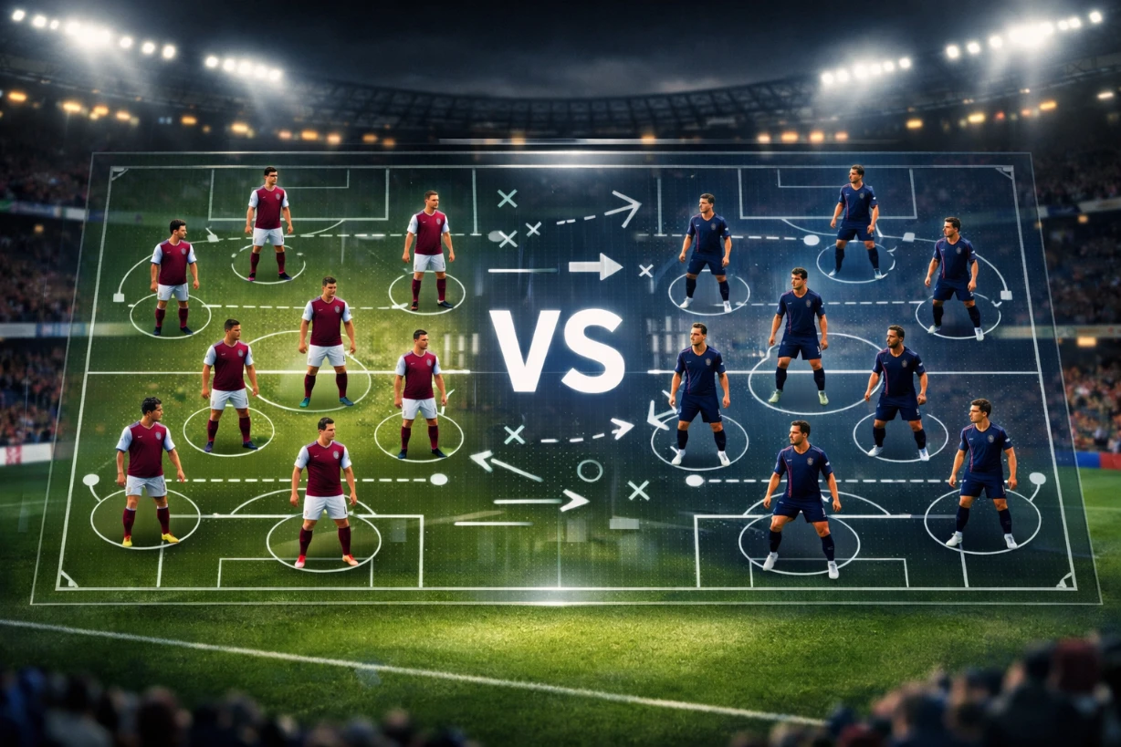 Taktische Aufstellung von Aston Villa und PSG im Flutlichtstadion vor einem großen Spiel.