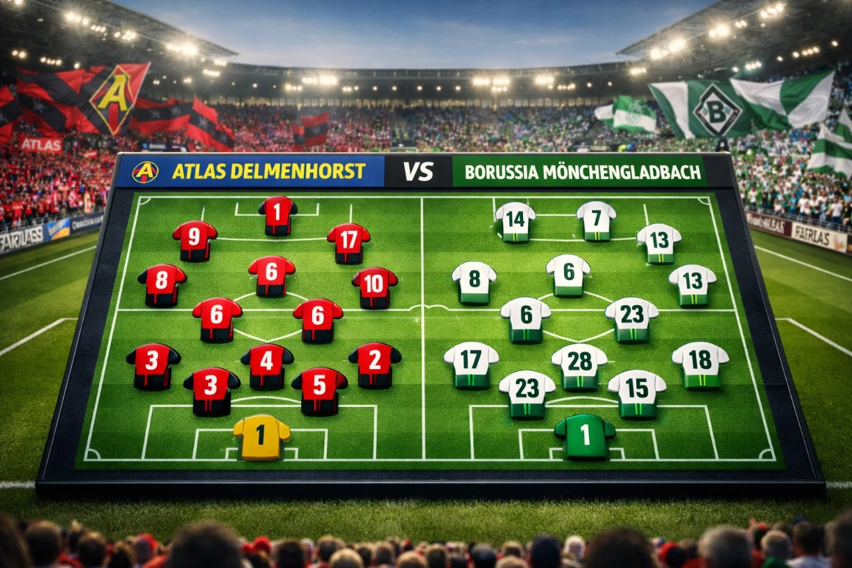 Stadion mit Fans und Banner Atlas Delmenhorst gegen Borussia Mönchengladbach vor Spielbeginn.