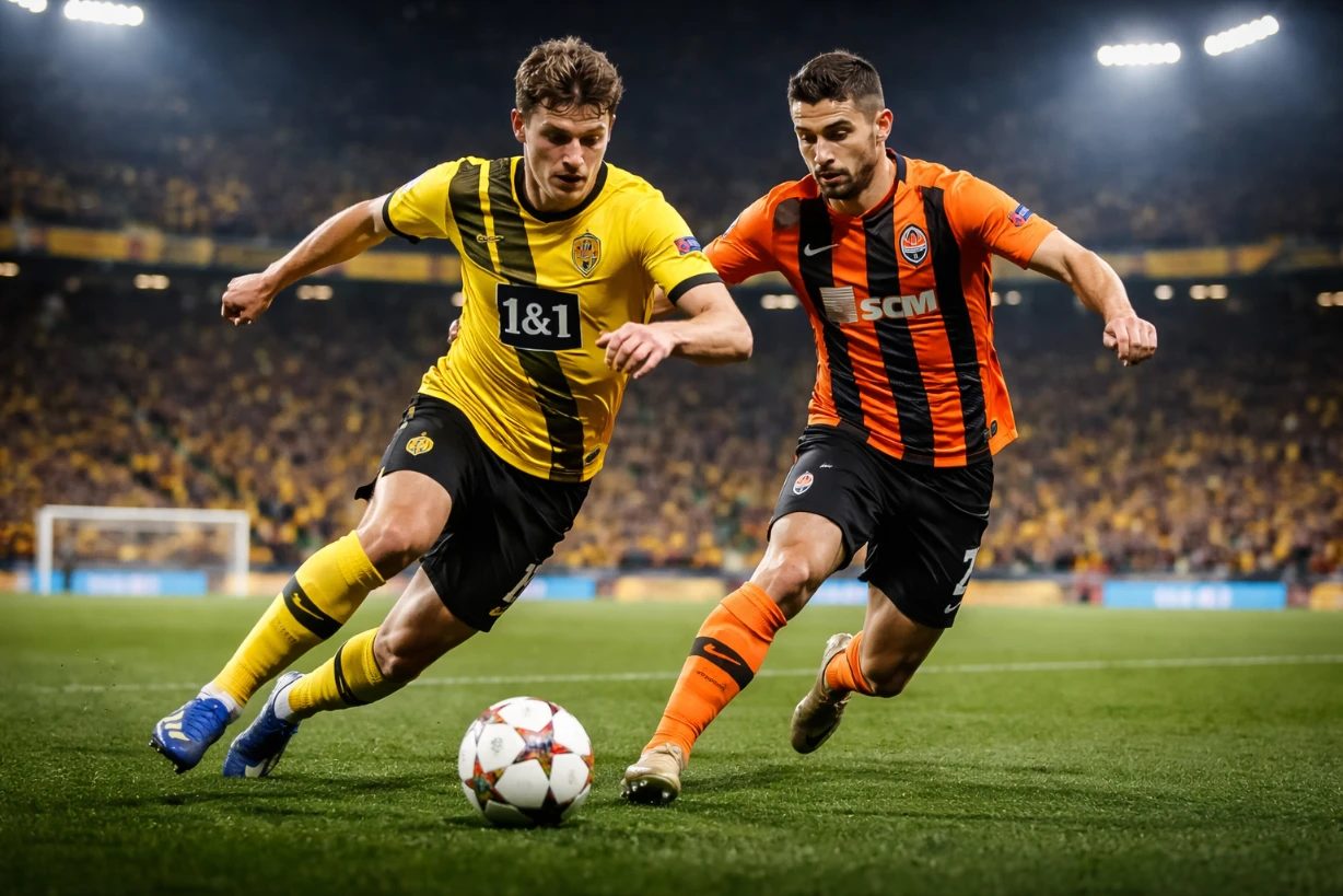 Zwei Fußballspieler kämpfen um den Ball im Stadion, intensives Duell unter Flutlicht vor Fans.