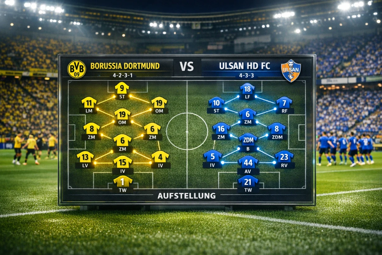 Flutlichtstadion mit Taktiktafel zeigt Aufstellungen von Dortmund und Ulsan vor Anpfiff am Abend!