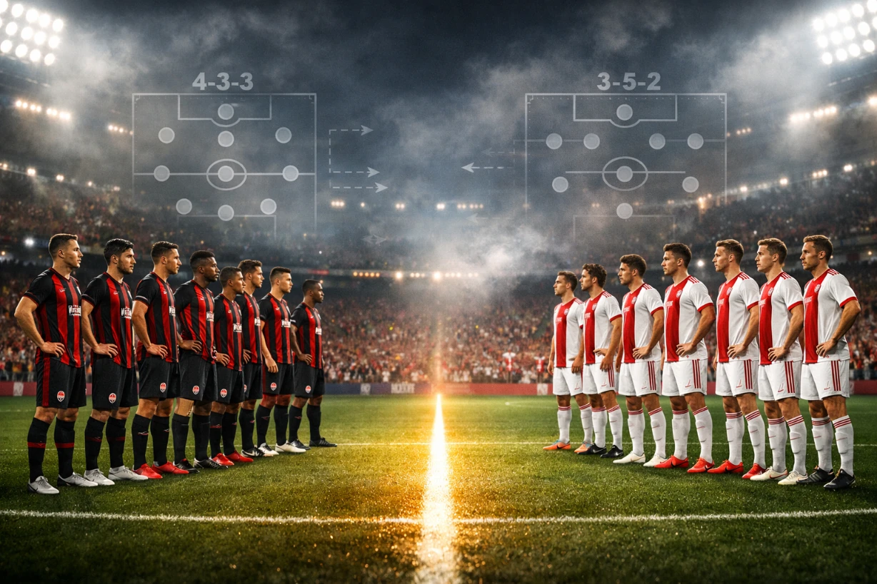 Dramatische Fußballszene: Frankfurt und Ajax stehen sich im beleuchteten Stadion taktisch gegenüber.