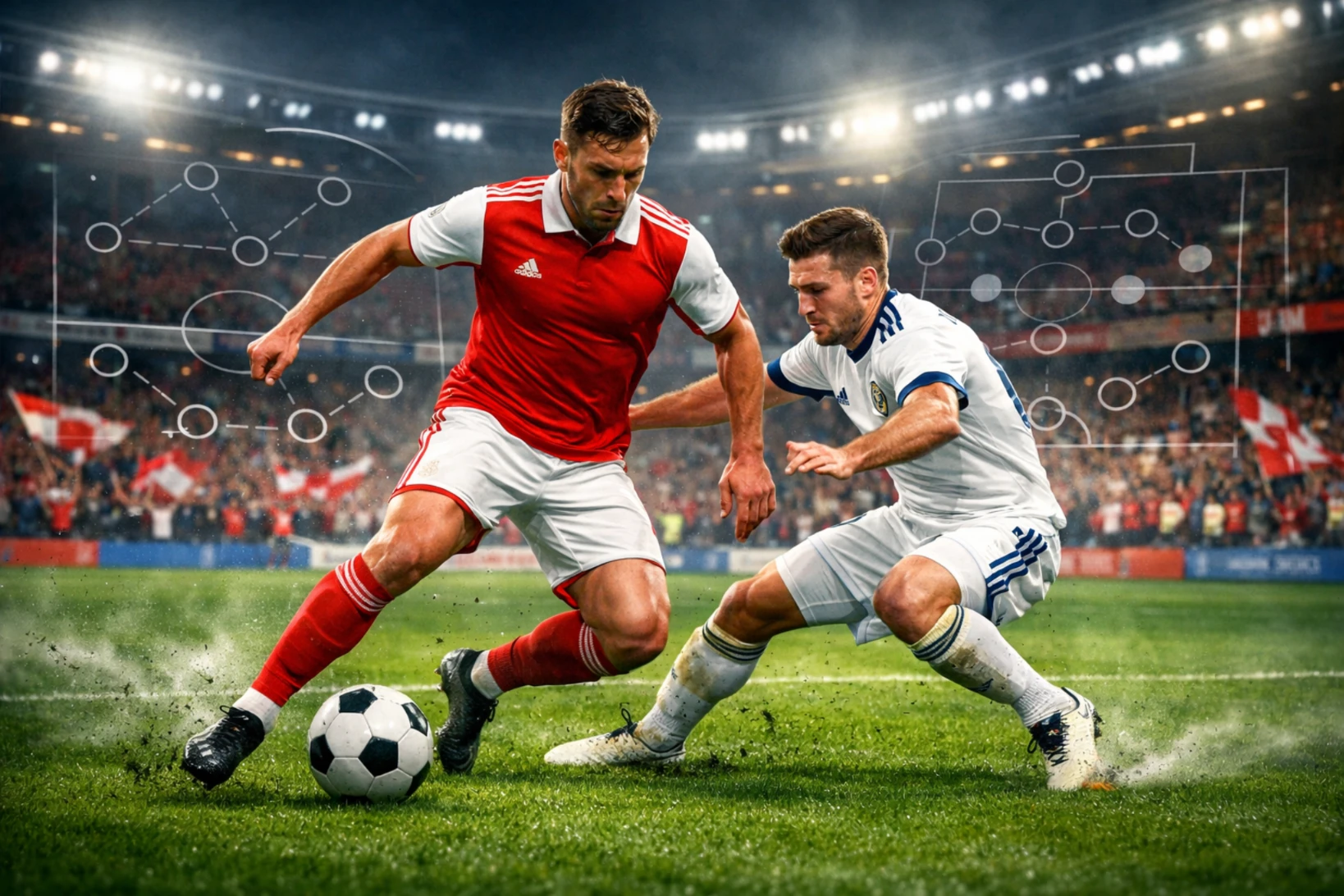 Zwei Fußballspieler kämpfen im Stadion um den Ball dynamik Szene mit Taktikgrafiken im Hintergrund.