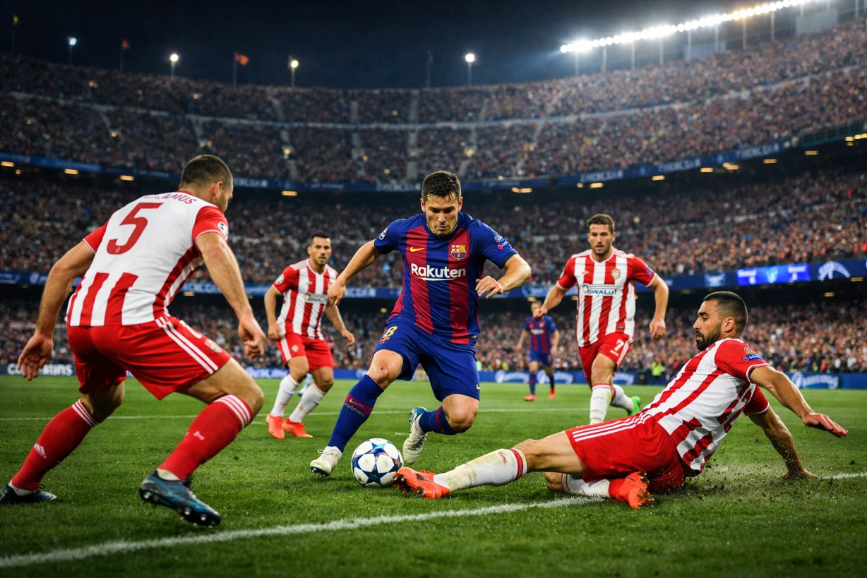 Jubelnde Spieler von FC Barcelona und Olympiakos im ausverkauften Stadion bei einem Champions-League-Spiel.