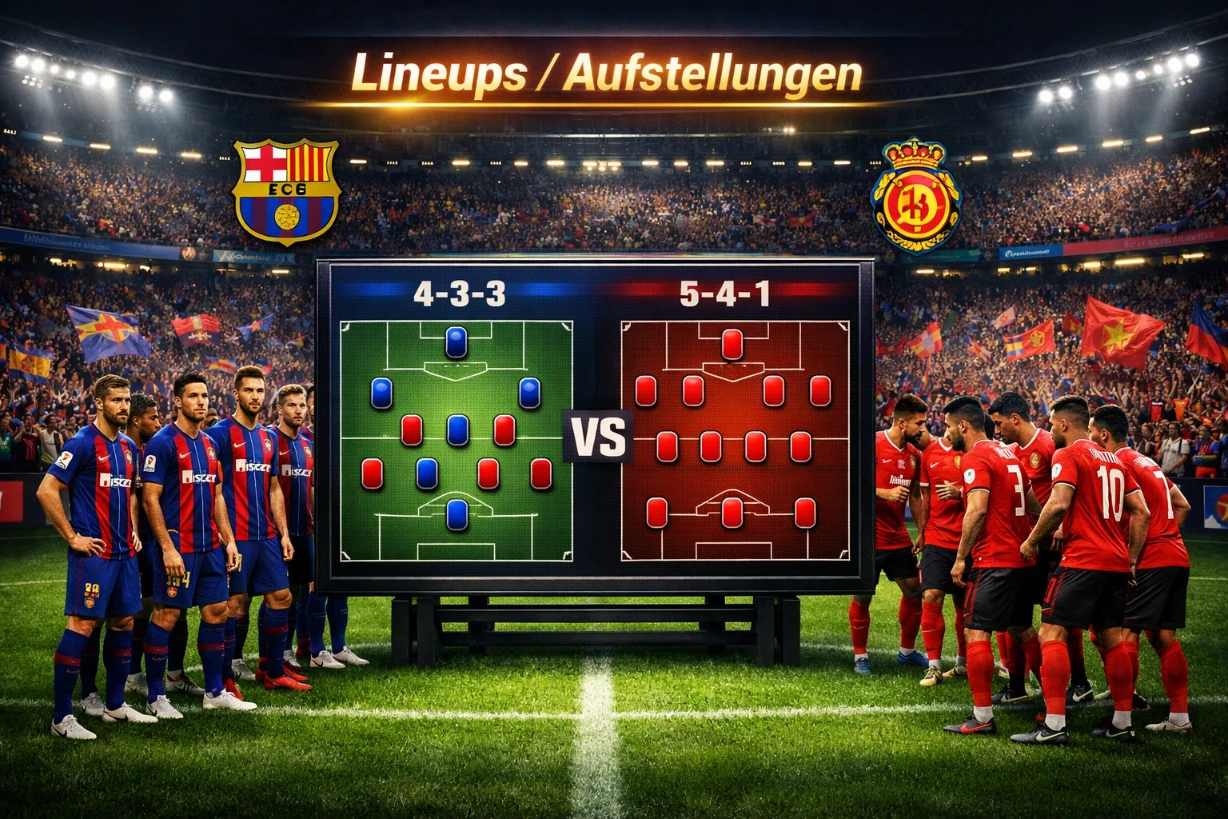 Aufstellungen von FC Barcelona und RCD Mallorca auf Taktiktafel im Stadion vor dem Spiel.