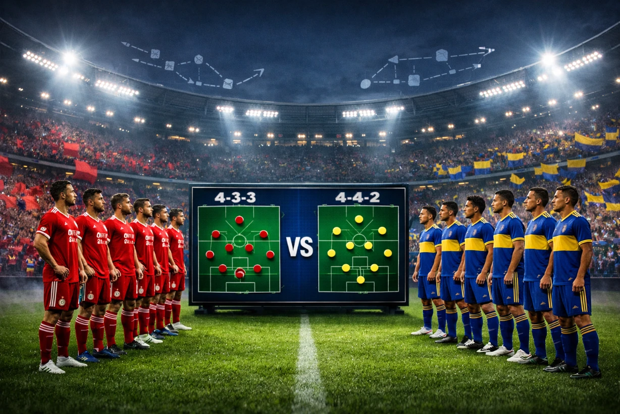 Bayern München und Boca Juniors stehen sich im Stadion gegenüber, Taktiktafel zeigt die Aufstellungen.