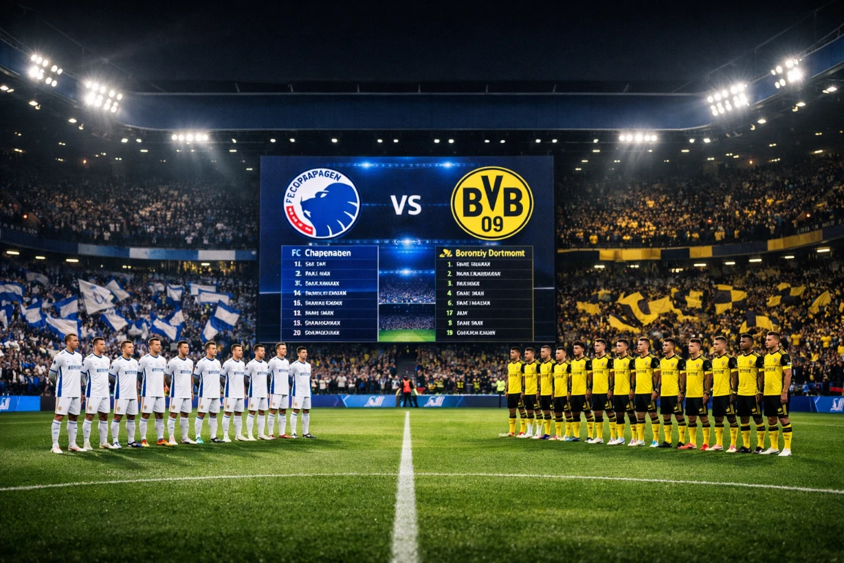 FC Kopenhagen und Borussia Dortmund stehen vor dem Anpfiff im Flutlichtstadion mit Startelf-Anzeige.