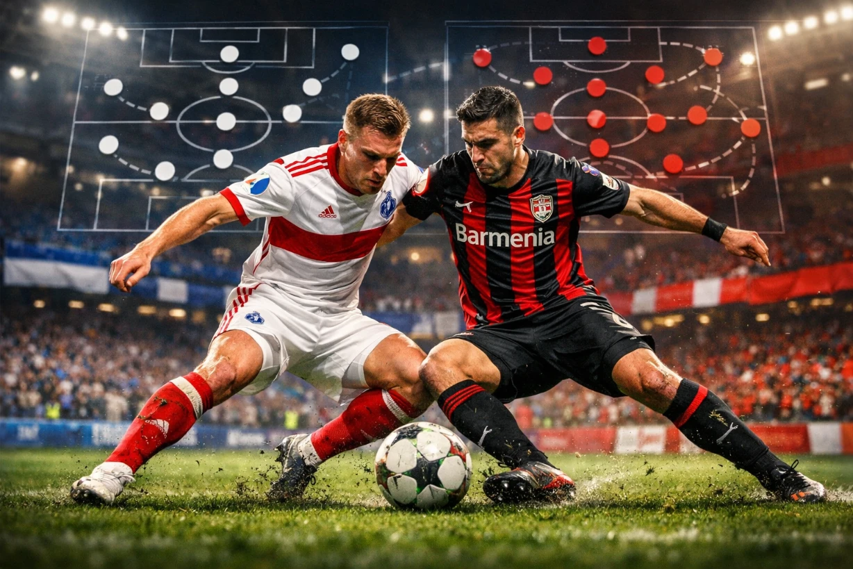 Zwei Fußballspieler im Zweikampf unter Flutlicht, mit taktischer Aufstellungsgrafik im Stadionhintergrund.