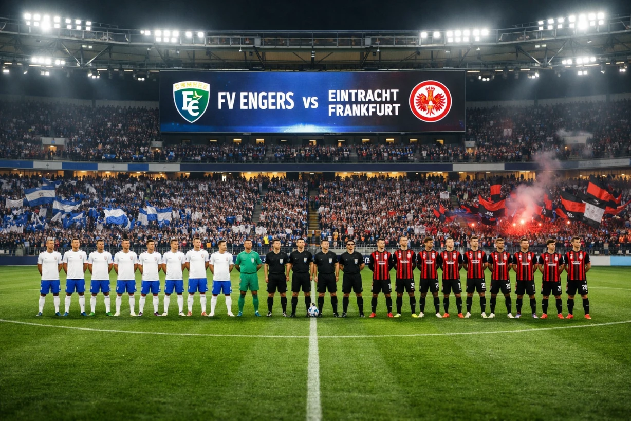 Spieler von FV Engers und Eintracht Frankfurt stehen vor Anpfiff zur Aufstellung im Stadion bereit.