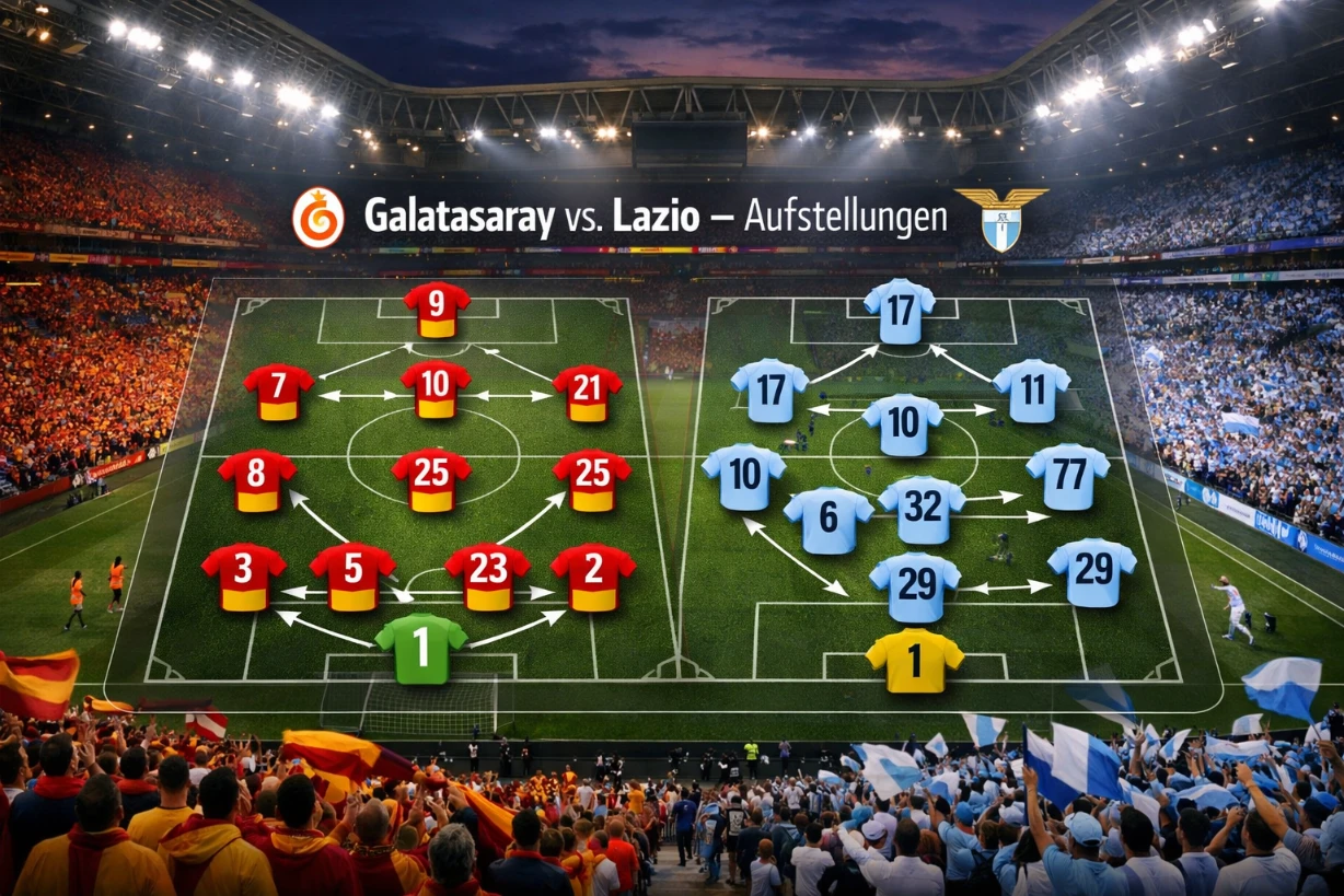 Flutlichtstadion mit Fans, Taktik-Overlay zeigt Aufstellungen von Galatasaray gegen Lazio.