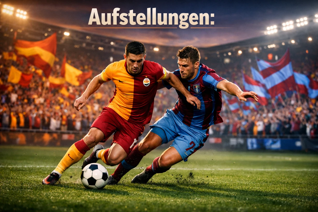 Zweikampf zwischen Galatasaray und Trabzonspor vor begeisterten Fans im Flutlichtstadion bei Abendspiel.