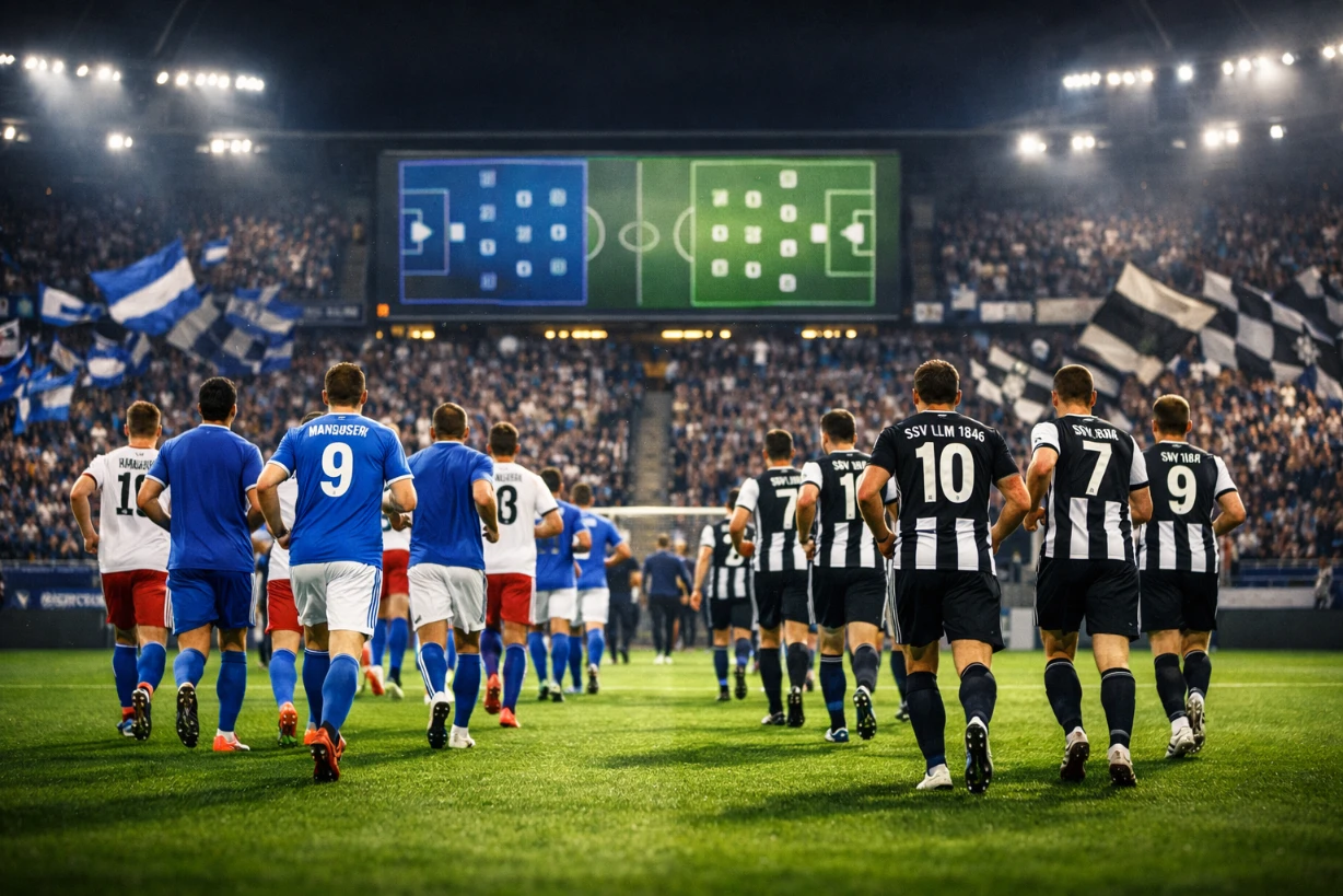 Spieler von HSV und SSV Ulm 1846 laufen vor Anpfiff ins Stadion, Fans jubeln unter Flutlicht.