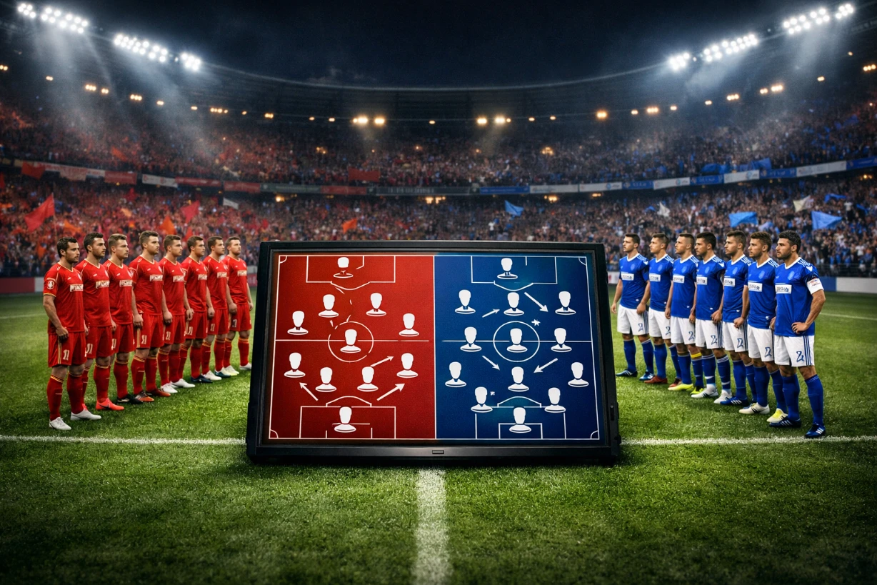 Fußballteams von Jahn Regensburg und HSV stehen im Stadion vor Spielstart mit Taktiktafel im Vordergrund.