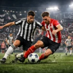 Zweikampf zweier Fußballspieler von Juventus und PSV im Flutlichtstadion mit Taktikgrafik klar!