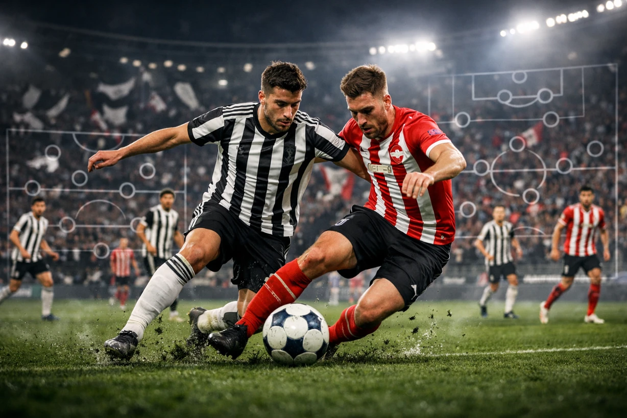 Zweikampf zweier Fußballspieler von Juventus und PSV im Flutlichtstadion mit Taktikgrafik klar!