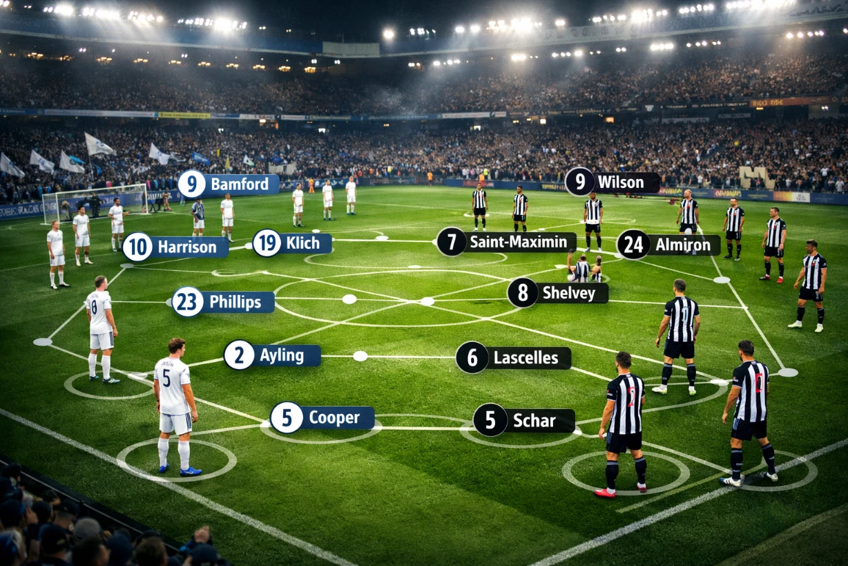Aufstellungen von Leeds United und Newcastle United als Taktikgrafik im Fußballstadion bei Abendspiel.