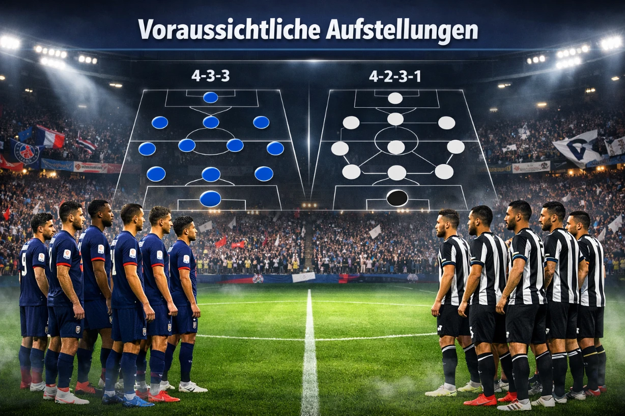Dramatische Stadionszene mit Spielern von PSG und Botafogo sowie taktischer Grafik der voraussichtlichen Aufstellungen.