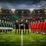 Spieler von Plymouth Argyle und Liverpool stehen im Stadion vor Anpfiff unter Flutlicht.