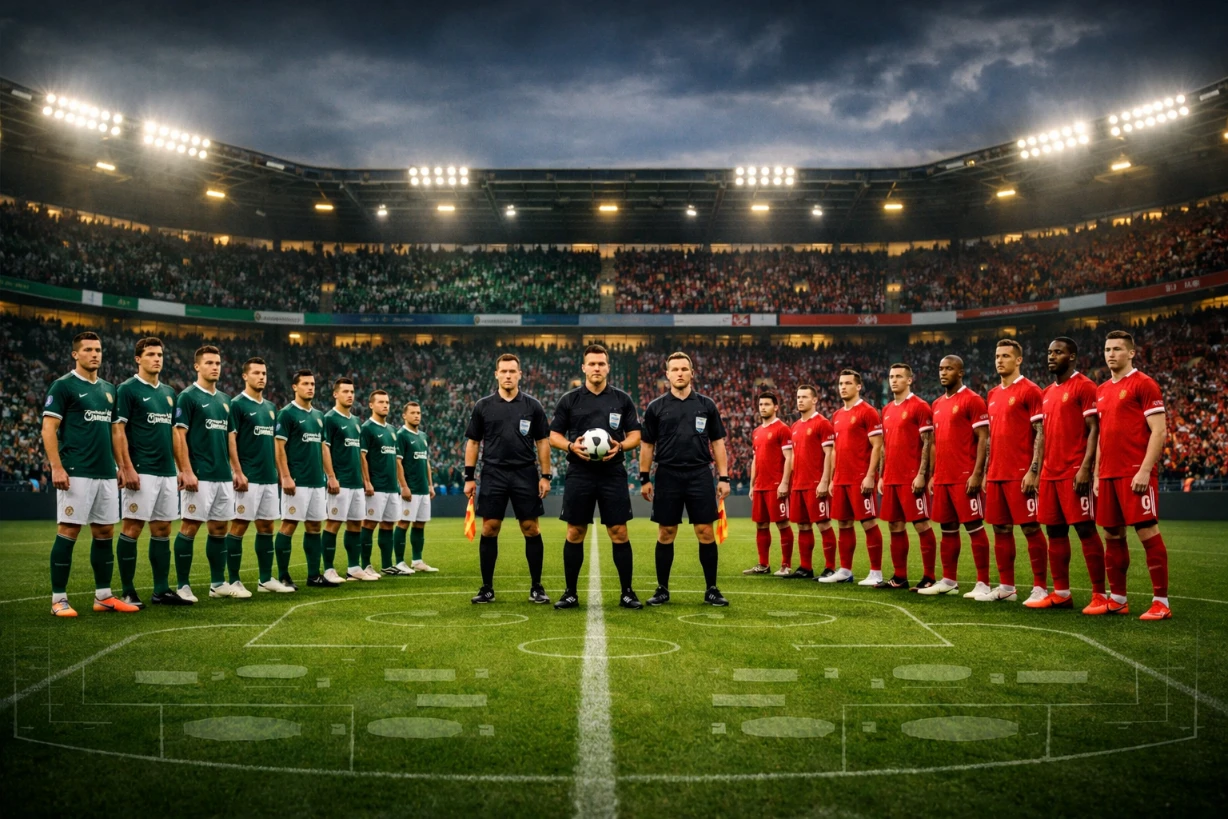 Spieler von Plymouth Argyle und Liverpool stehen im Stadion vor Anpfiff unter Flutlicht.