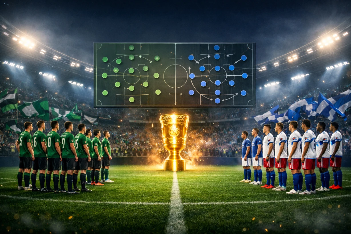 Fußballspieler von Preußen Münster und HSV stehen sich im DFB-Pokal Stadion vor Anpfiff gegenüber.