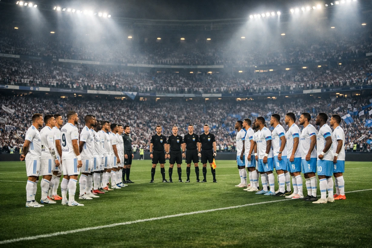 Spieler von Real Madrid und Olympique Marseille stehen vor Anpfiff im voll besetzten Arena zum Spiel.